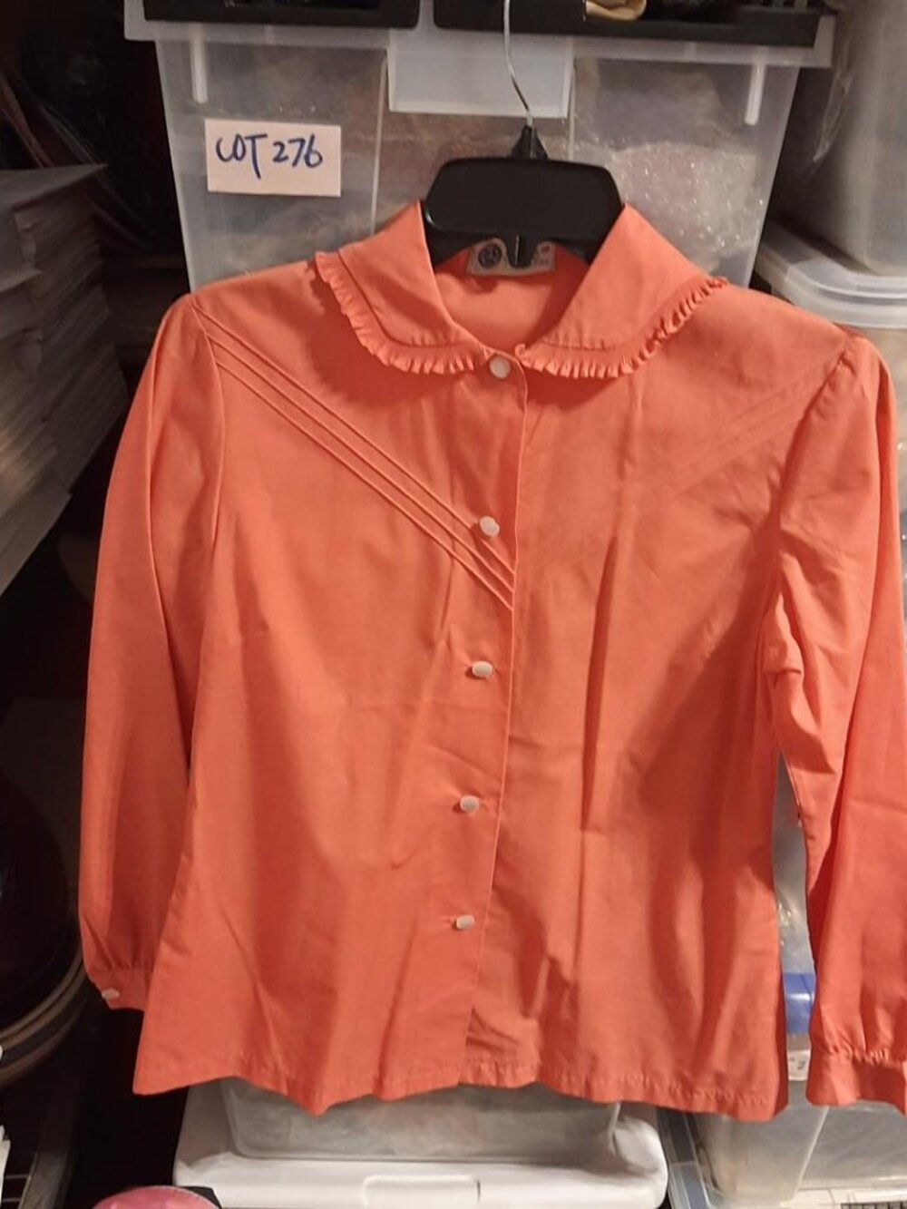Vintage Blouse Ruffled Peter Pan Collar Diagonal Pleated Detail Front Orange SzS